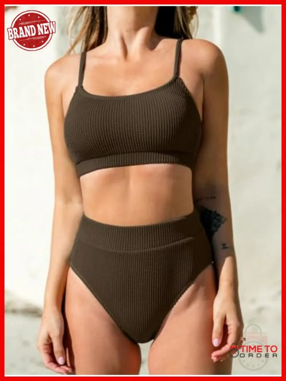 Textured Knitted High Waisted Bikini Set with Adjustable Straps